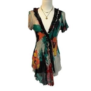 Vintage Y2K Alberto Makali Floral Pleated Ruffle Mini Dress Designer Evening M